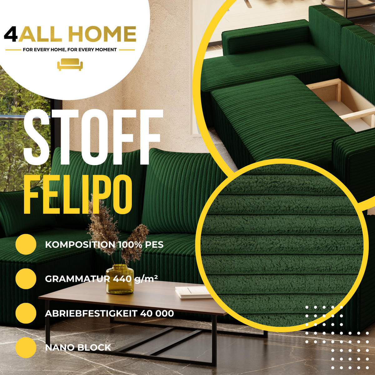 ECKSOFA Tobi mit Bettkasten und Schlaffunktion, L-Form/XL-Form, Cordstoff, Universal - Waldgrün, Holzwerkstoff (246/145cm) - 4ALL HOME