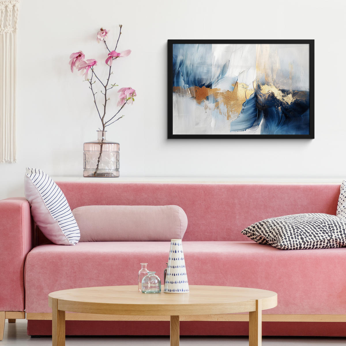 POSTER MIT RAHMEN Gold - Blau - Aquarell - Kunst - Modern 60x40 cm - Hellblau, Papier (60/40cm) - MuchoWow