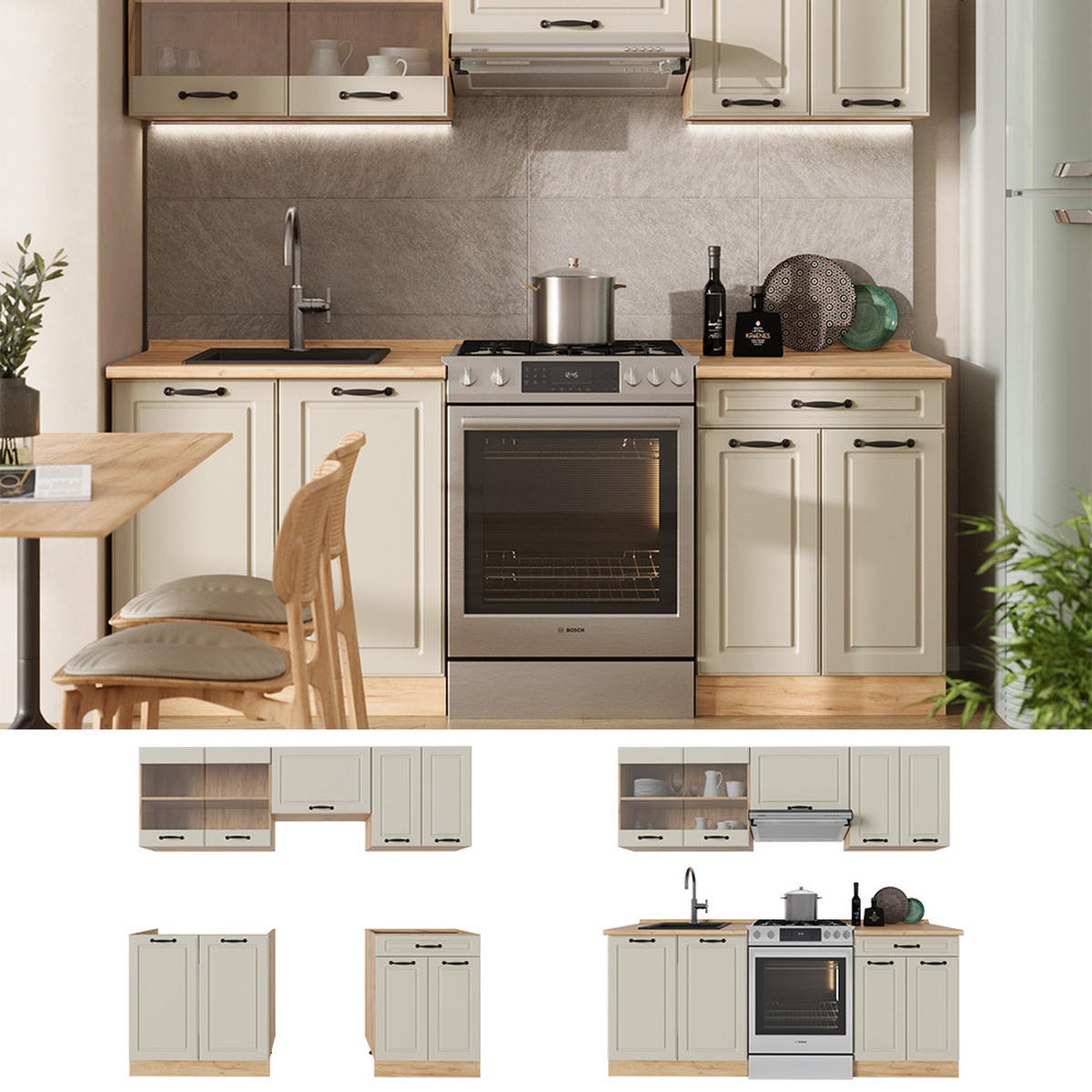 KÜCHENZEILE R-Line, Sand Landhaus/Goldkraft Eiche, 200 cm Arbeitsplatte Goldkraft Eiche - Honigeiche/Beige, Holzwerkstoff (200/81.6/60cm) - Vicco