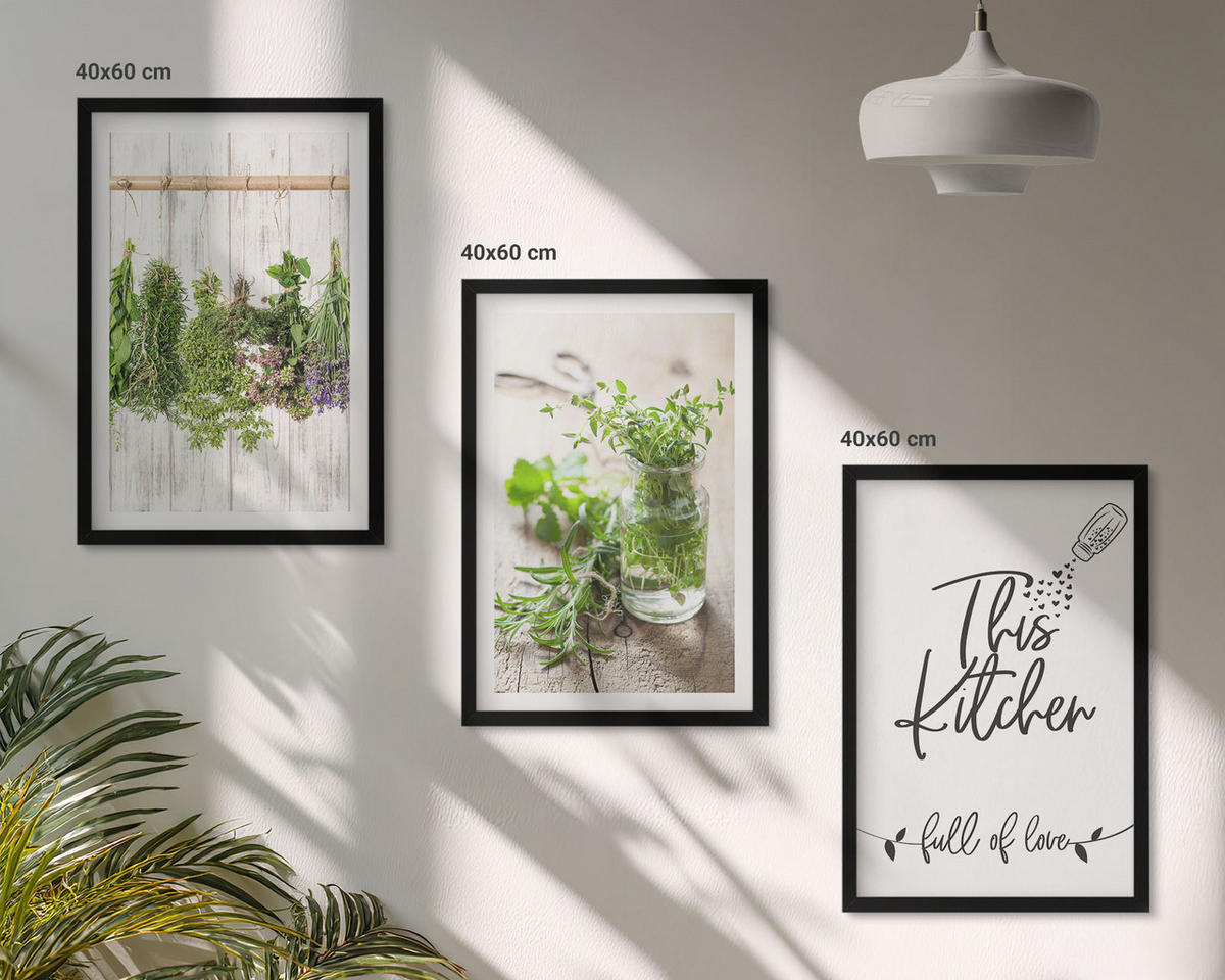 WANDBILDER 3er-Set - 40x60 cm Schwarzer Rahmen - Küchenthema: Getrocknete Kräuter - Schwarz, Kunststoff (40/60cm) - ArtPrintCave