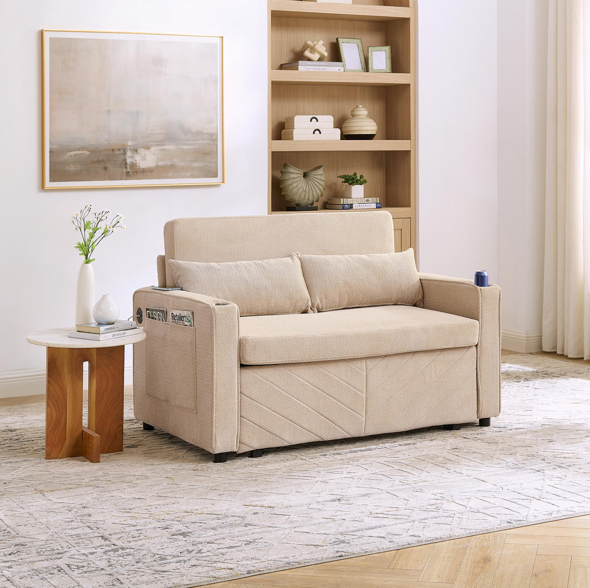 SCHLAFSOFA aus Holz und Stoff mit USB-Anschluss und Ausziehfunktion Beige - Beige, Holz (134/73/195cm) - Modenvie