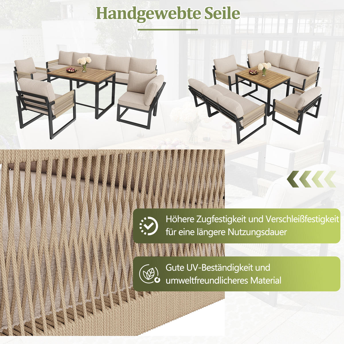 GARTENESSGRUPPE Beige 8 Personen modular mit handgewebten Seilen - Beige, Metall - PANGIVO