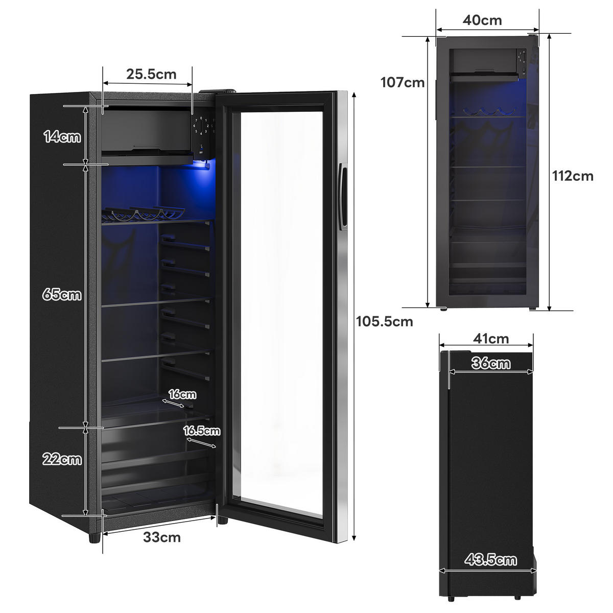MINIKÜHLSCHRANK 40.5/40/112 cm Schwarz 128L mit verstellbare Einlegeböden und blaueLED - Schwarz, Metall (40/110/40.5cm) - Oxeza
