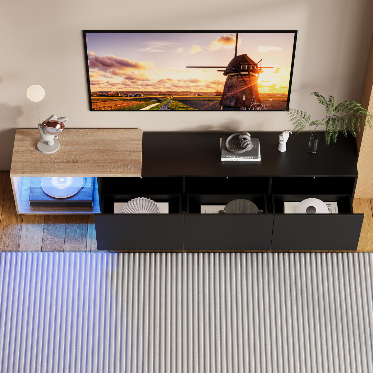 TV-LOWBOARD Schwarz 240x38x44 cm mit LED-Beleuchtung, 3 Schubladen - Schwarz, Holz (38/44/240cm) - PARAFTA HOME