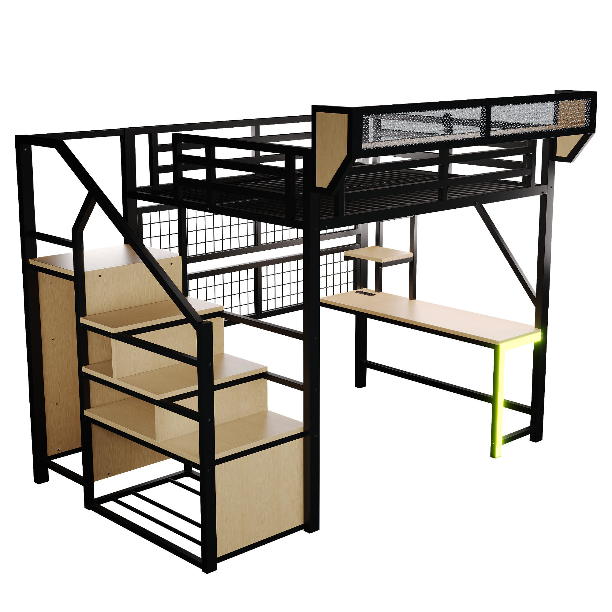 HOCHBETT 140/200 cm Schwarz mit Schreibtisch, Stauraumtreppe, LED-Licht und Aufbewahrungsnetz - Schwarz, Metall (140/200cm) - Oxeza