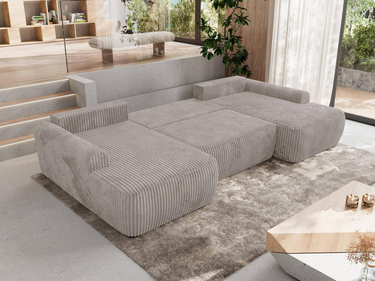 WOHNLANDSCHAFT CUBO U Hellbraun Cord - Hellbraun/Schwarz, Kunststoff/Textil (370/100/187cm) - MKS