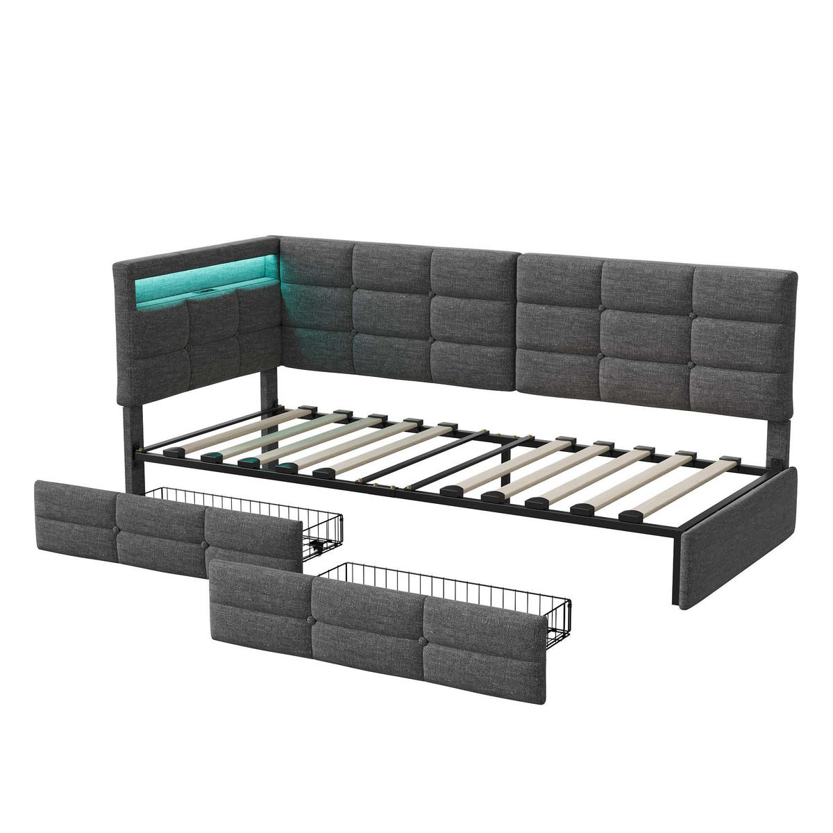 POLSTERBETT 90x200 Mit 2 Schubladen, LED & USB Typ-C, Grau - Grau, Holz (90/200cm) - EuroLiving