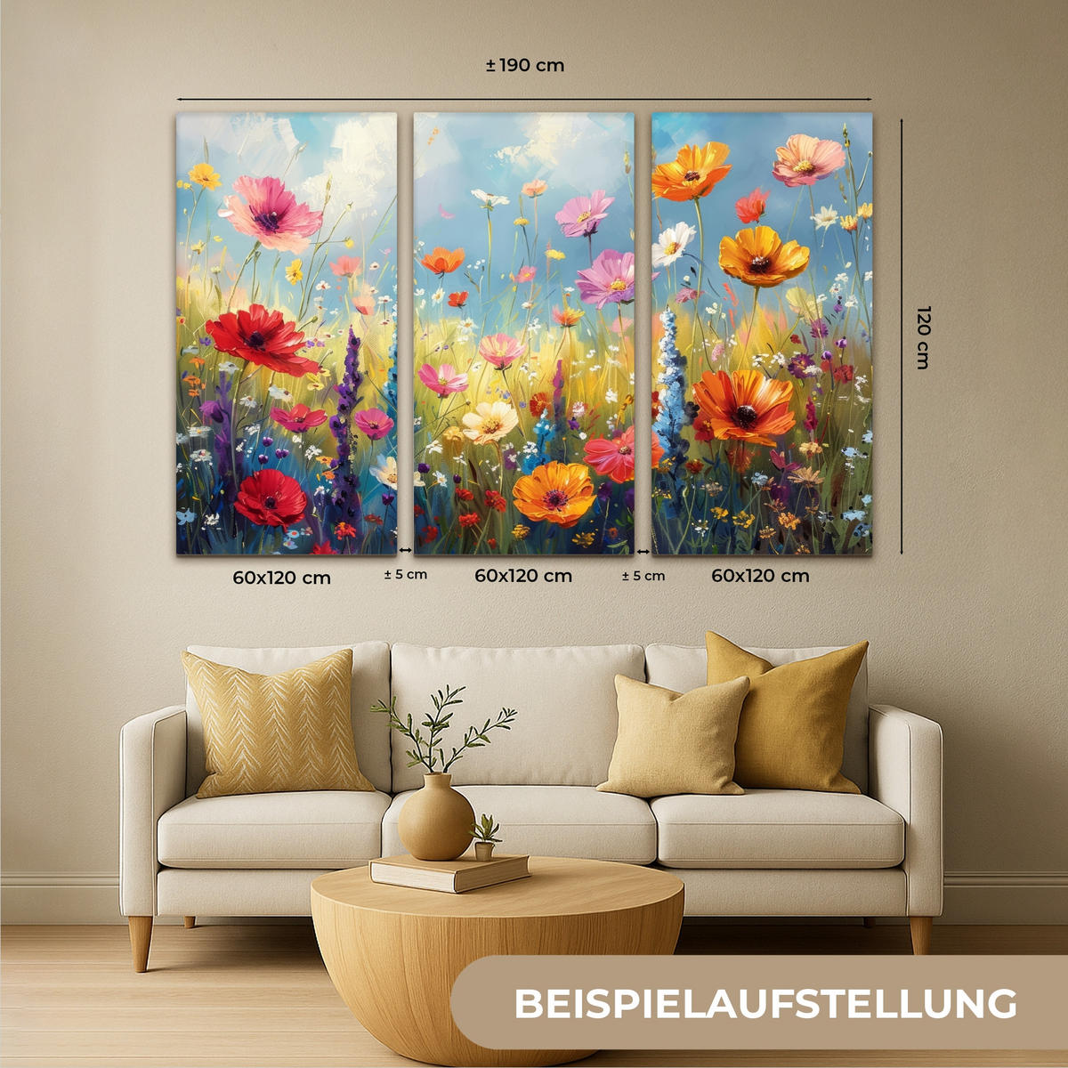 LEINWANDBILD 3er Set Blumen - Frühling - Farbenfroh - Sommerlich 180x120 cm - Orange, Textil (180/120cm) - MuchoWow