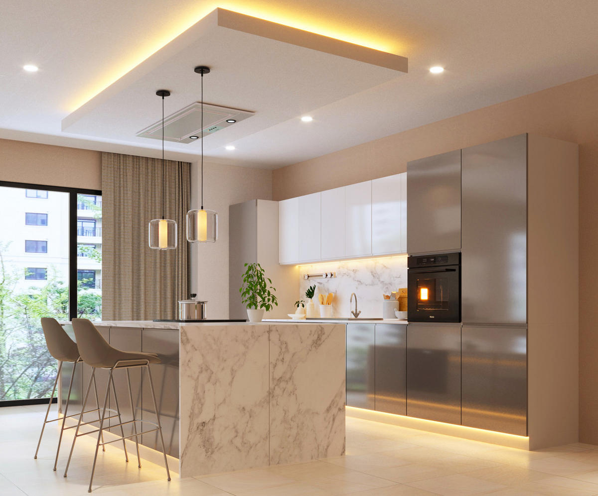 INSELKÜCHE-KÜCHENZEILE 420 cm Glanzia – KU-S16 – Grau / Weiß – Hochglanz - Weiß Hochglanz/Grau, Holzwerkstoff (420/212/60cm)