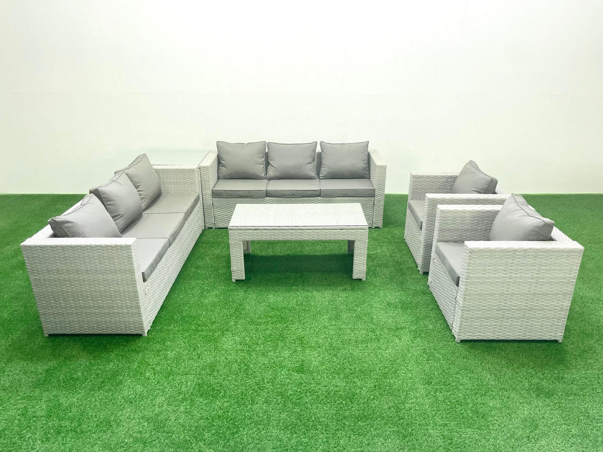 GARTENSOFA hohe Rückenlehne Polyrattan Hellgrau-Mix 8-Sitzer - Hellgrau/Grau, Glas/Kunststoff - Fimous