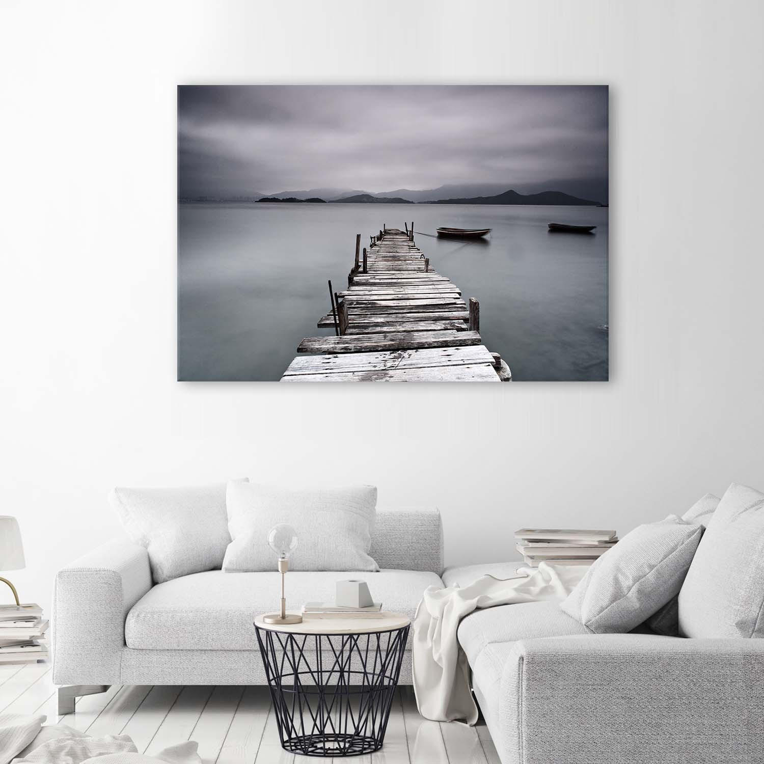 LEINWANDBILD Steg Wintersee Landschaft 100x70cm - Grau, Textil (100/70cm) - Feeby
