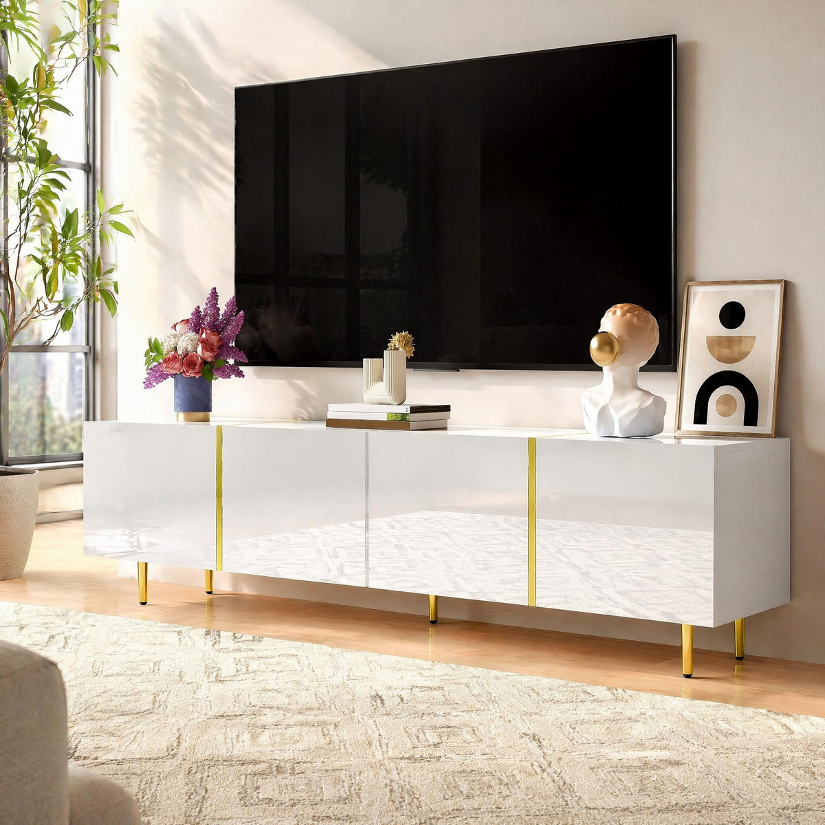 TV STOLEK bílo-zlatý ve vysokém lesku se 4 dvířky, do obývacího pokoje, 170×35×46 cm - bílá/zlatá, kov/kompozitní dřevo (170/46/35cm) - STILVORA