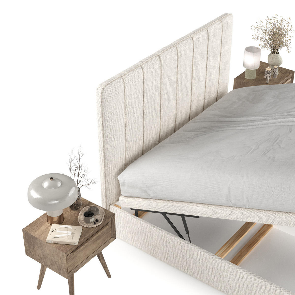 POLSTERBETT Vienna mit Stauraum 140/200 cm Creme im Alta Stoff - Creme/Schwarz, Holz/Holzwerkstoff (140/200cm) - AltaBeds