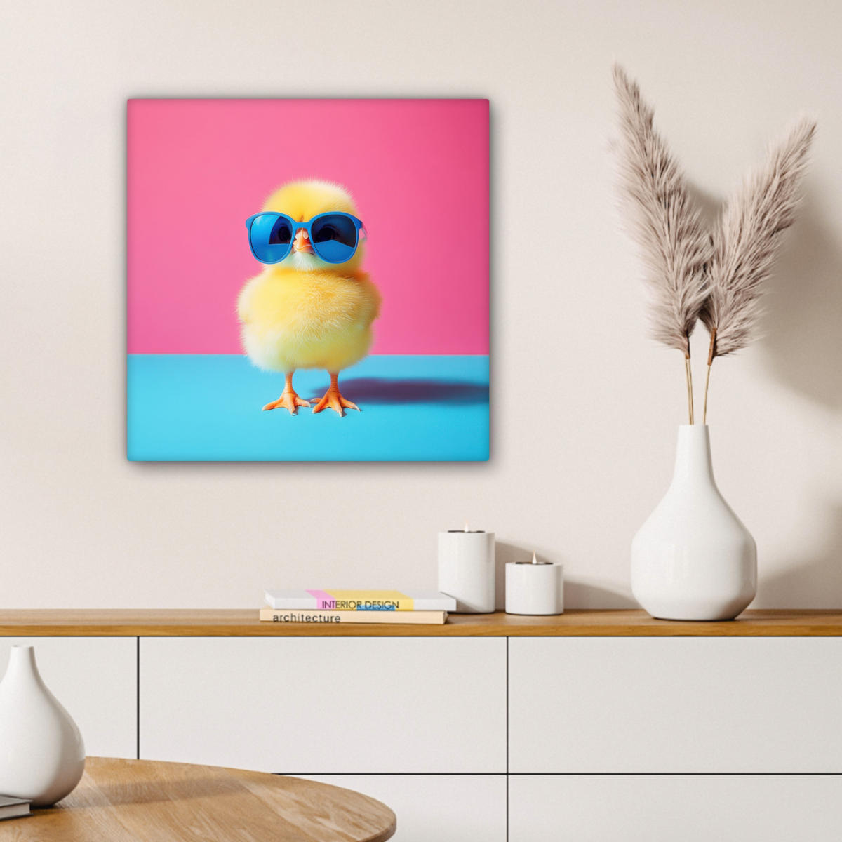 LEINWANDBILD Chick - Sonnenbrille - Blau Wandbild Wohnzimmer 50x50 cm - Pink/Gelb, Textil (50/50cm) - MuchoWow