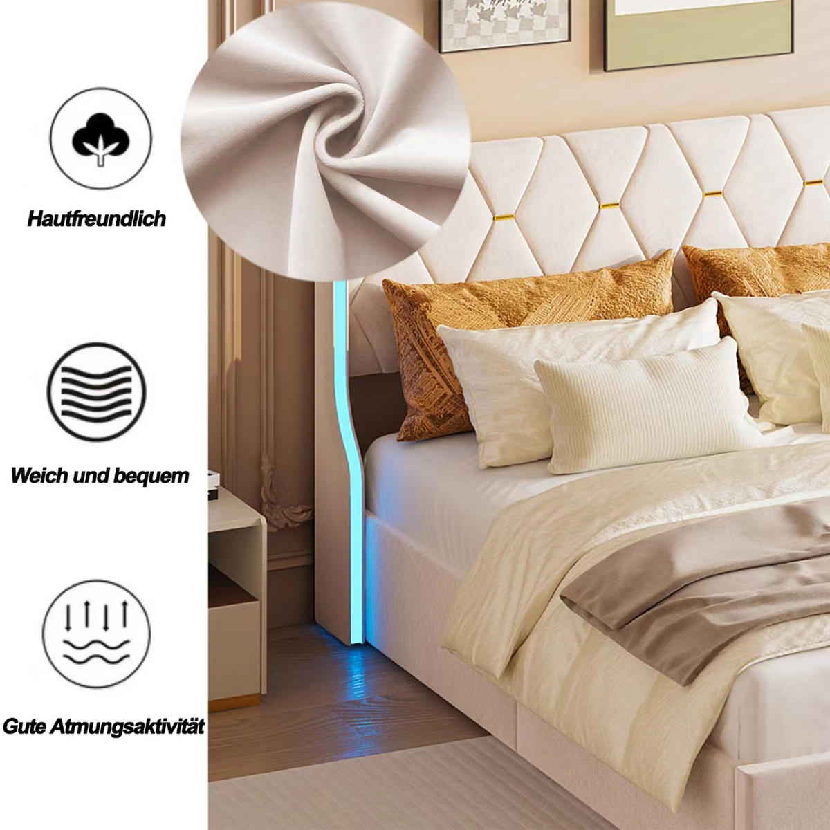 POLSTERBETT 140x200 cm mit LED, Doppelbett 140x200 cm mit Bettkasten, Lattenrost, Bett 140x200, Beige samt - Beige, Holzwerkstoff/Textil (140/200cm) - GENKI LIVING