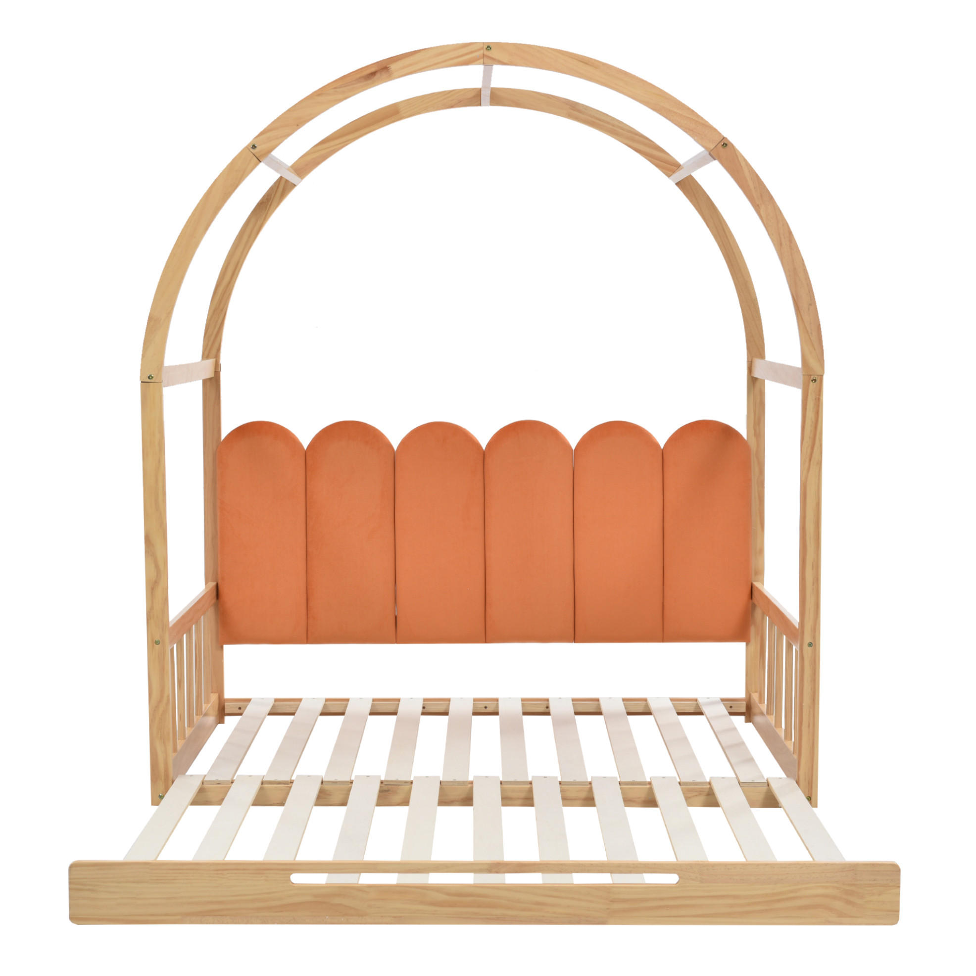 KINDERBETT 140/200 cm ausziehbar mit gewölbtem Dach, Kiefer/MDF, 3-seitigem Schutz und Kissen, Natur/Orange - Naturfarben, Holzwerkstoff (140/200cm) - Redom