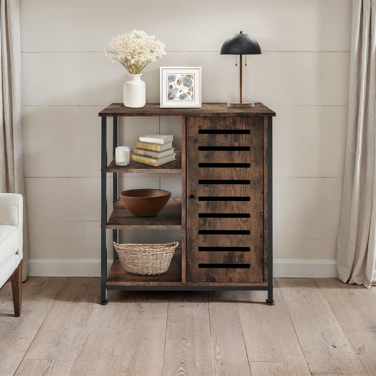 SIDEBOARD ,mit höhenverstellbaren Kunststofffüßen, 70 x 32 x 82 cm,Industrial Holz dunkel, rustikal - Rostfarben, Holzwerkstoff (32/82/71cm) - tectake