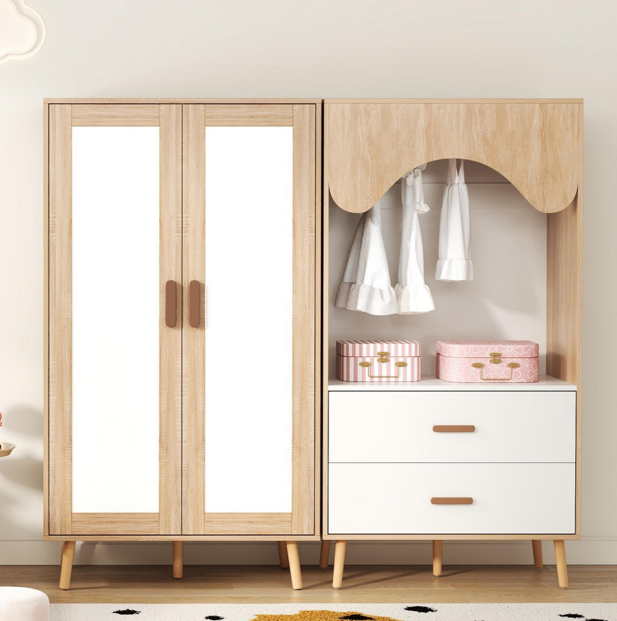 KLEIDERSCHRANK aus MDF 160x46x141,5 cm Natur/Weiß mit Kleiderstange und 2 Schubladen, flexible Aufbewahrung - Naturfarben, Holzwerkstoff (160/141.5/46cm) - Modfu