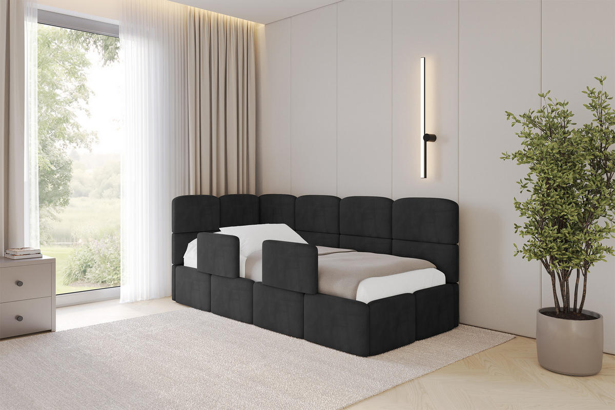 EINZELLBETT Jugendbett mit Bettkasten, Rechts - KIVY 100x200 Schwarz - Schwarz, Holzwerkstoff/Textil (100/200cm) - ALTDECOR