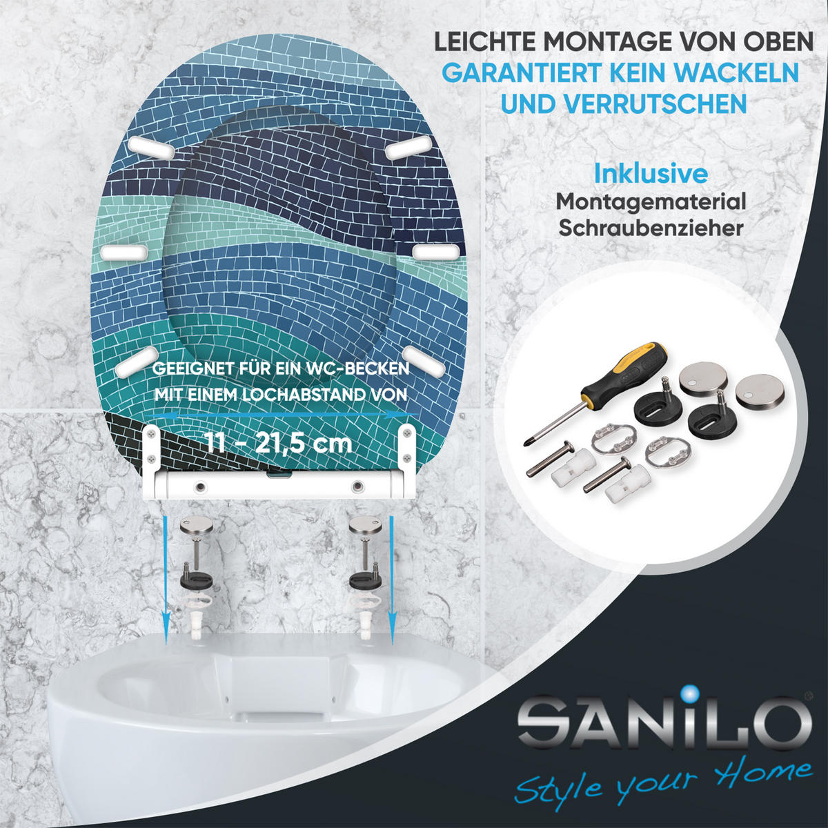 WC-SITZ mit Absenkautomatik & Top Fix Marin - Blau, Holzwerkstoff (37.7/5.5/48cm) - Sanilo