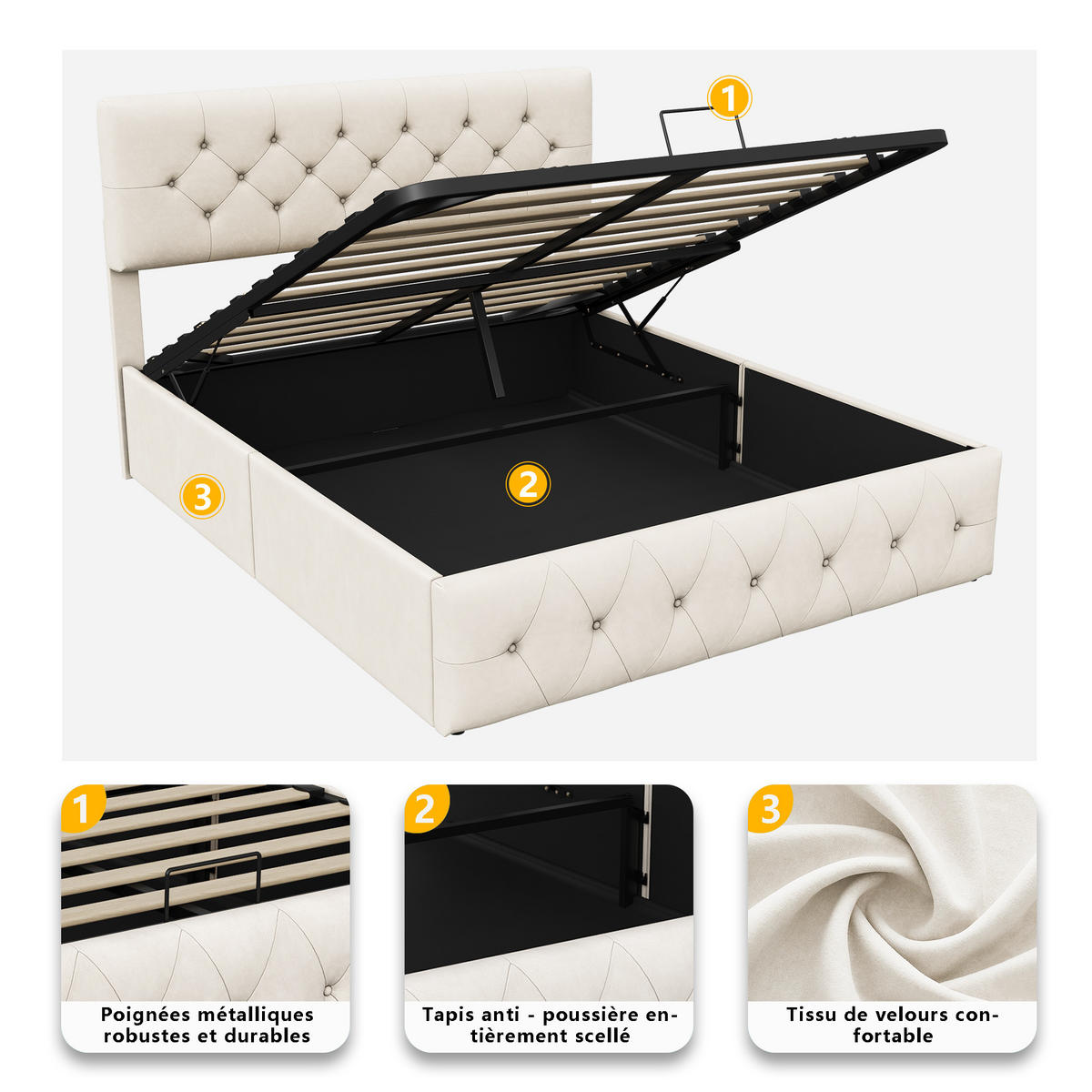 POLSTERBETT 140x200 cm mit Lattenrost, Bettkasten & Kopfteil, Samtstoff, Beige - Beige, Textil/Metall (140/200cm)