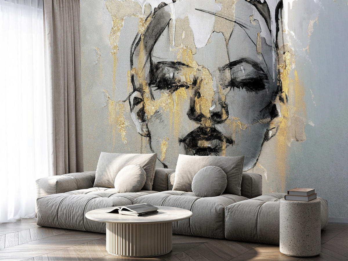 FOTOTAPETE für Wohnzimmer Frau Abstraktes Porträt Beton Modern Gold 200x140 - Gelb/Goldfarben, Papier (200/140cm) - Muralo