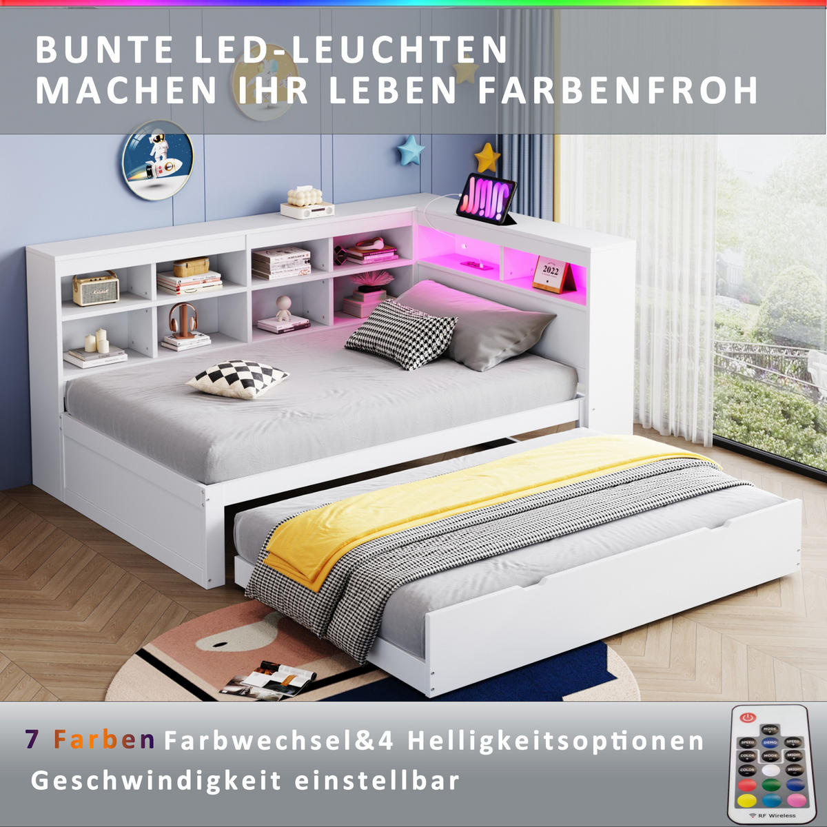 POLSTERBETT 90x200 cm LED USB weiß - Weiß, Holz (90/200cm) - Fortuna Lai