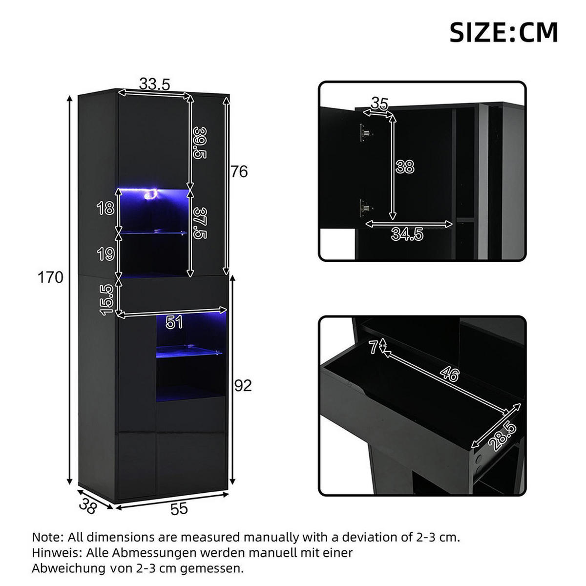 VITRINE Wandschrank 1 Schublade 4 Türen Glas LED Schwarz 55/38/170 cm - Schwarz, Holzwerkstoff (55/170/38cm) - Zephmum