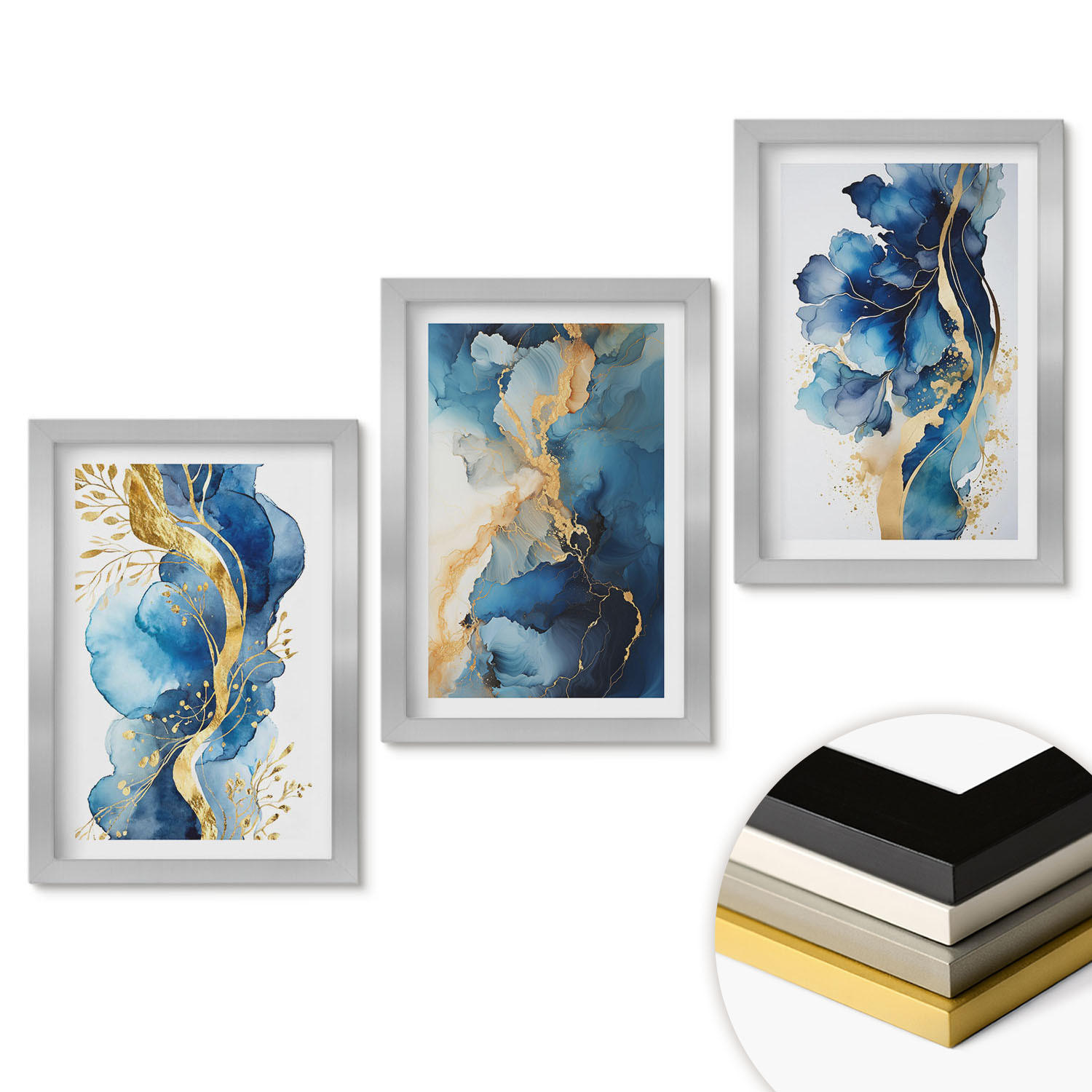 WANDBILDER 3er Set - 20x30 cm Silberner Rahmen - Blaue abstrakte Muster - Silberfarben, Kunststoff (20/30cm) - ArtPrintCave
