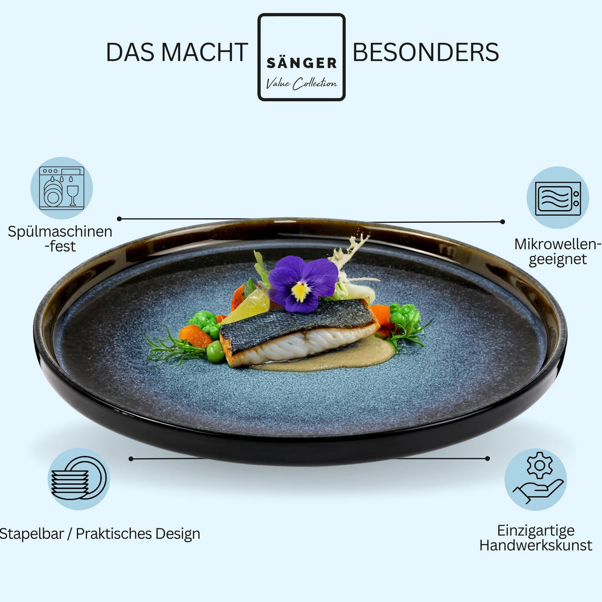 SPEISETELLER SET OSAKA - 6 teilig aus Steingut - Blau, Stein (26.5cm) - Sänger