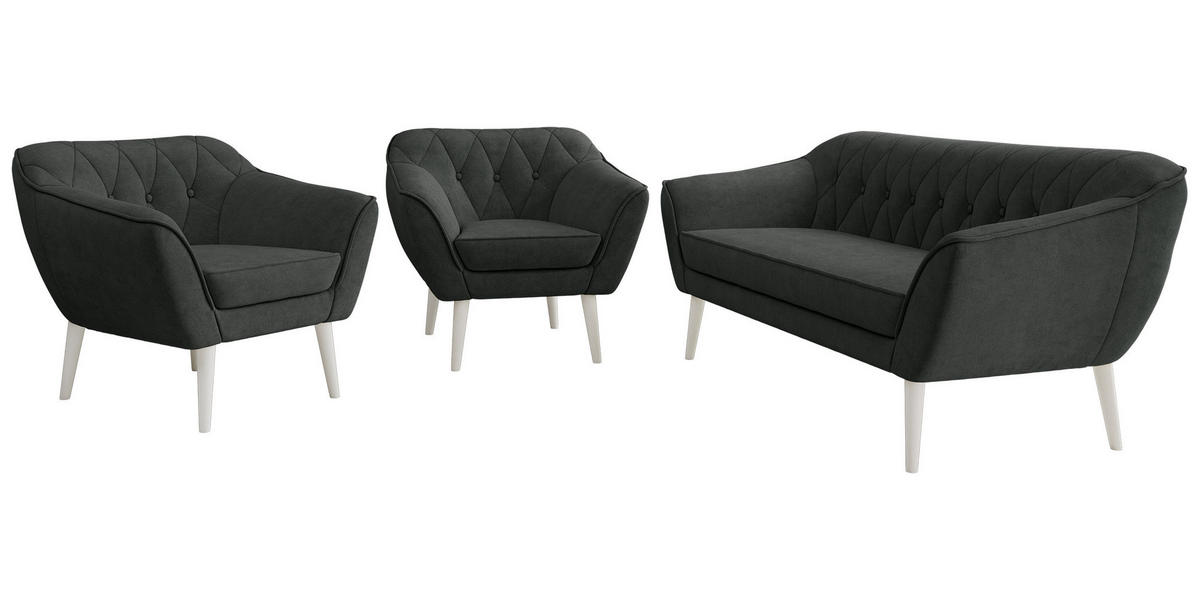 SEDACIA ZOSTAVA 3+1+1 PIRS - Tmavosivá Štruktúrovaná látka - Biele nohy - biela/grafitová, kompozitné drevo/textil (180/75/74cm) - MKS