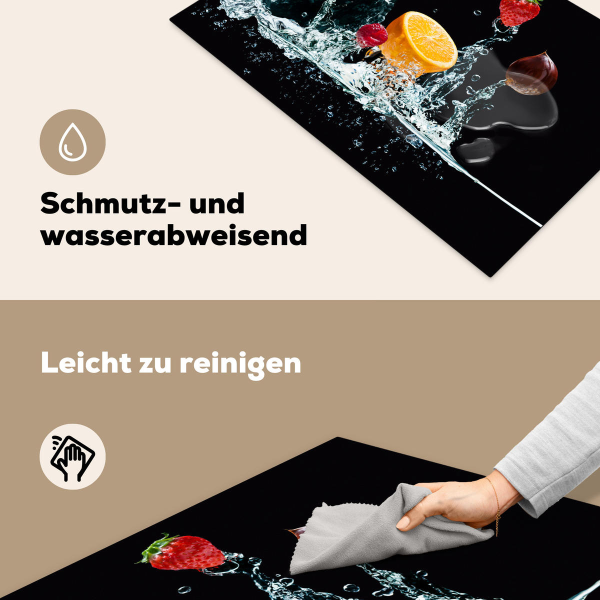 HERDABDECKPLATTE Wasser - Obst - Orange - Erdbeere - Kirsche - Schwarz 81x52 cm - Orange, Kunststoff (81.6/0.2/52.7cm) - MuchoWow