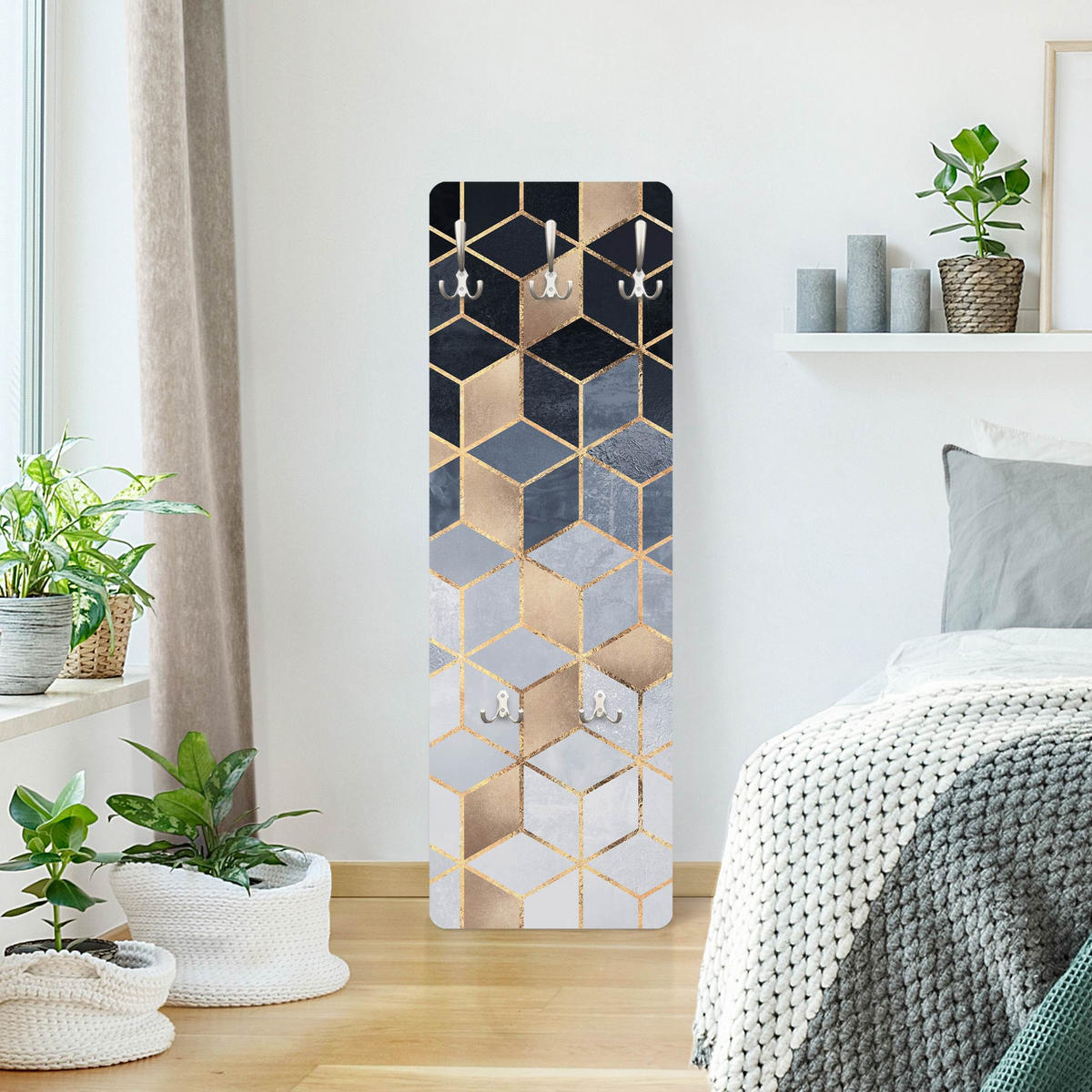 WANDGARDEROBE - Blau Weiß goldene Geometrie 34/105 cm - Goldfarben, Holzwerkstoff (34/105/1.6cm) - Bilderwelten