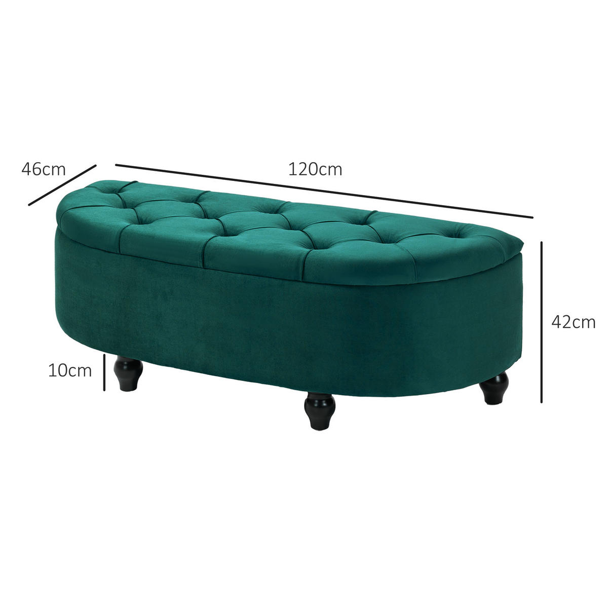 SITZBANK mit Stauraum Sitztruhe mit geöffnetem Deckel, Velvet-Touch Dunkelgrün - Dunkelgrün/Schwarz, Holz/Kunststoff (46/42/120cm) - HOMCOM
