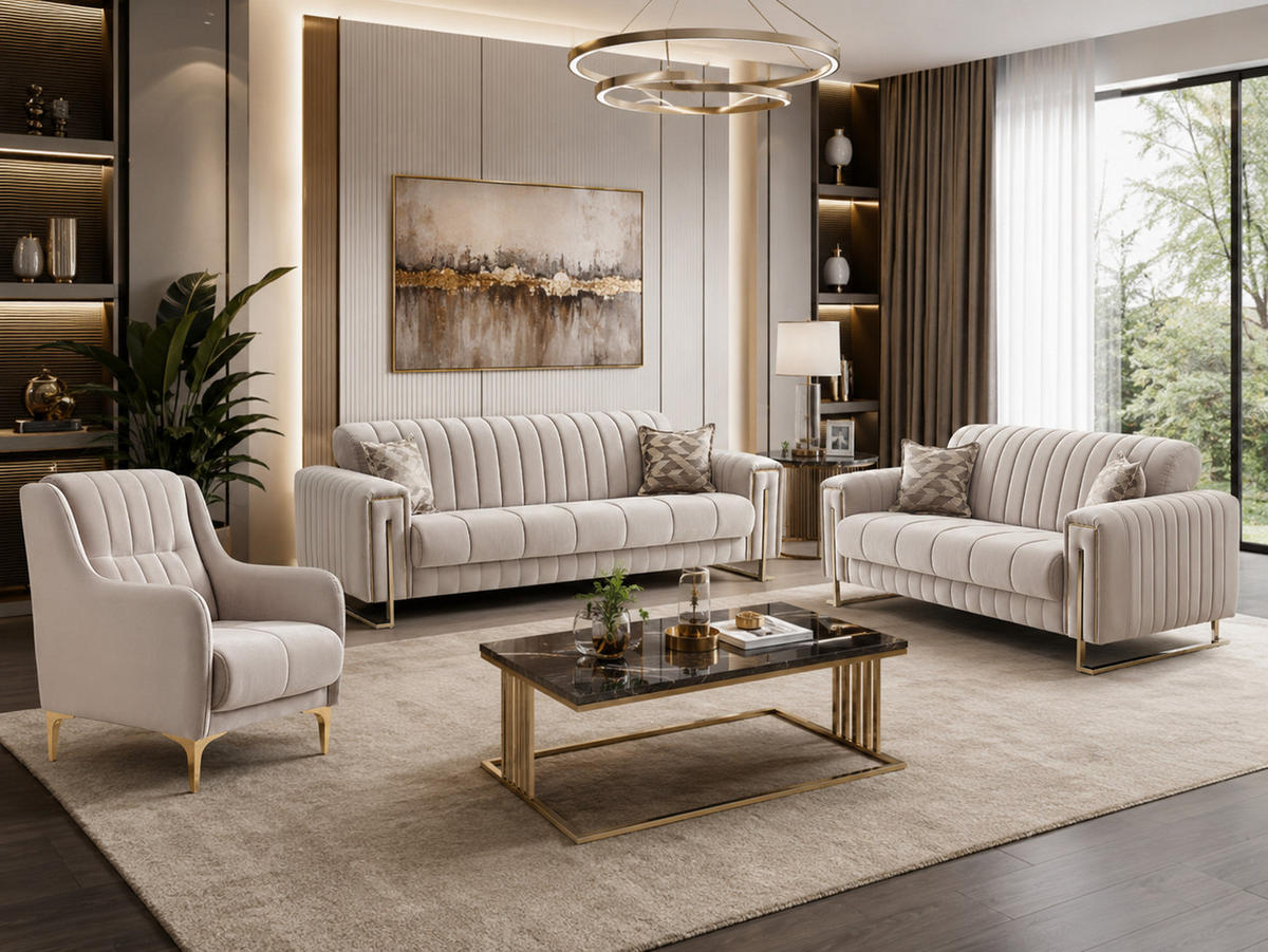 SITZGARNITUR Kochi, Beige Stellvariante 3+2+1 - Beige, Holzwerkstoff/Metall (243/85/95cm)