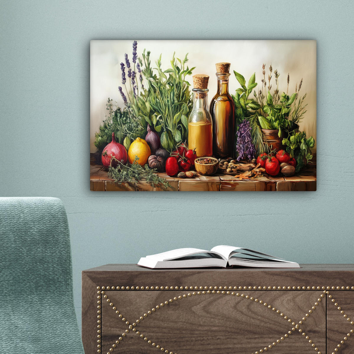 LEINWANDBILD Stilleben - Kräuter - Gewürze - Früchte - Farbenfroh Deko Schlafzimmer 30x20 cm - Grün, Textil (30/20cm) - MuchoWow