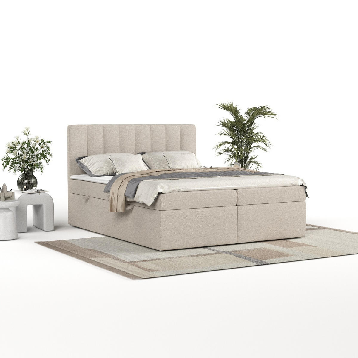 BOXBETT Amaro 140/200 cm Hellbeige im Megan Stoff - Sandfarben/Schwarz, Holz/Holzwerkstoff (140/200cm) - AltaBeds