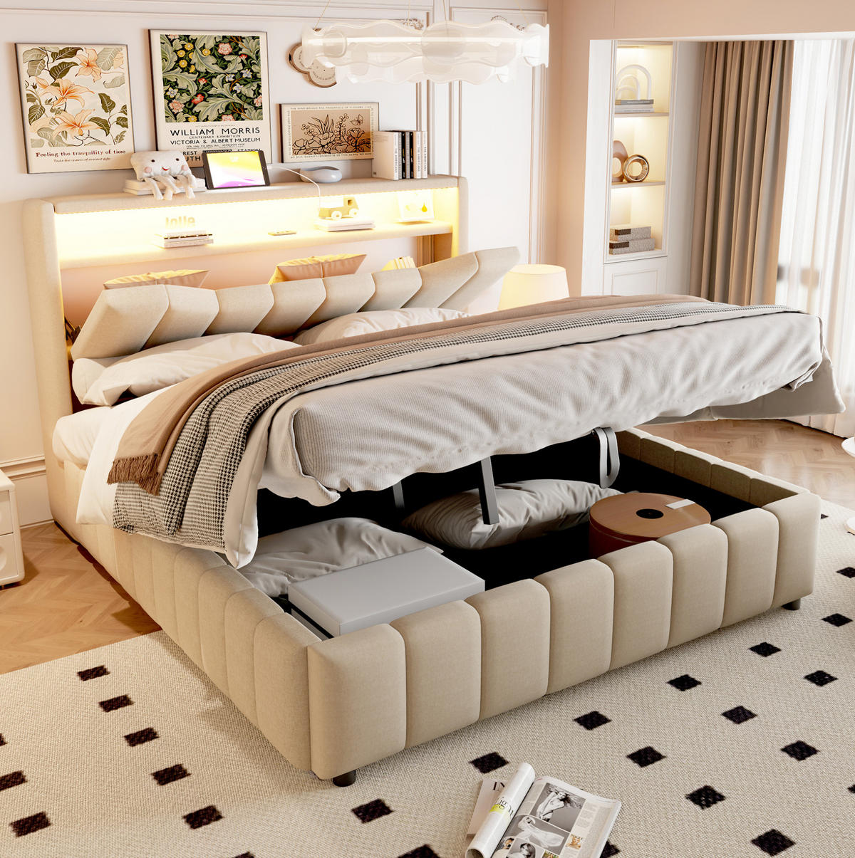 POLSTERBETT 140x200 cm in Beige mit hydraulischem Stauraum, LED und USB-/USB-C-Anschlüssen - Beige, Textil (140/200cm) - IVMEU
