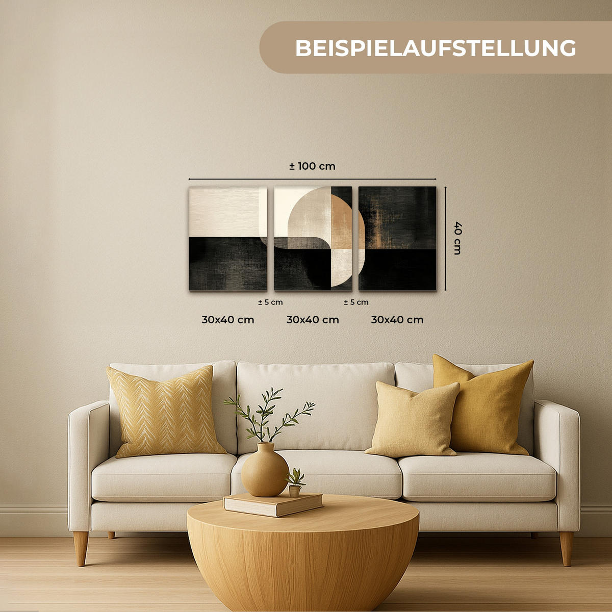 LEINWANDBILD 3er Set Formen - Abstrakt - Gold 90x40 cm - Schwarz, Textil (90/40cm) - MuchoWow