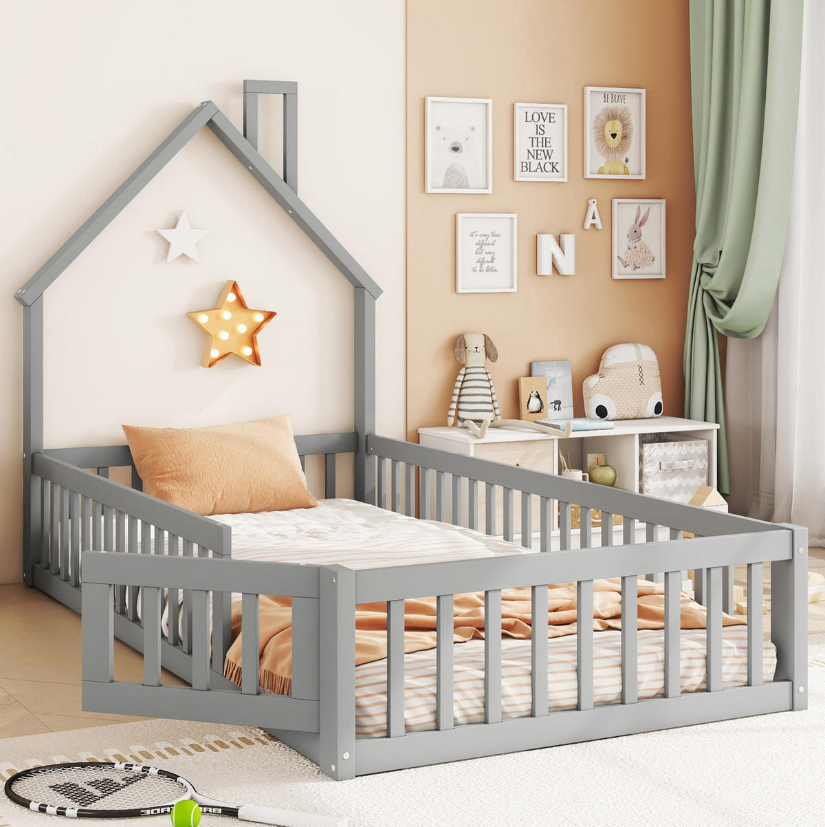 KINDERBETT Kindereinzelbetten 90/200 cm mit Lattenrost, Sicherheitsgitter und Schornstein-Design aus Kiefer, Grau - Grau, Holzwerkstoff (90/200cm) - Redom