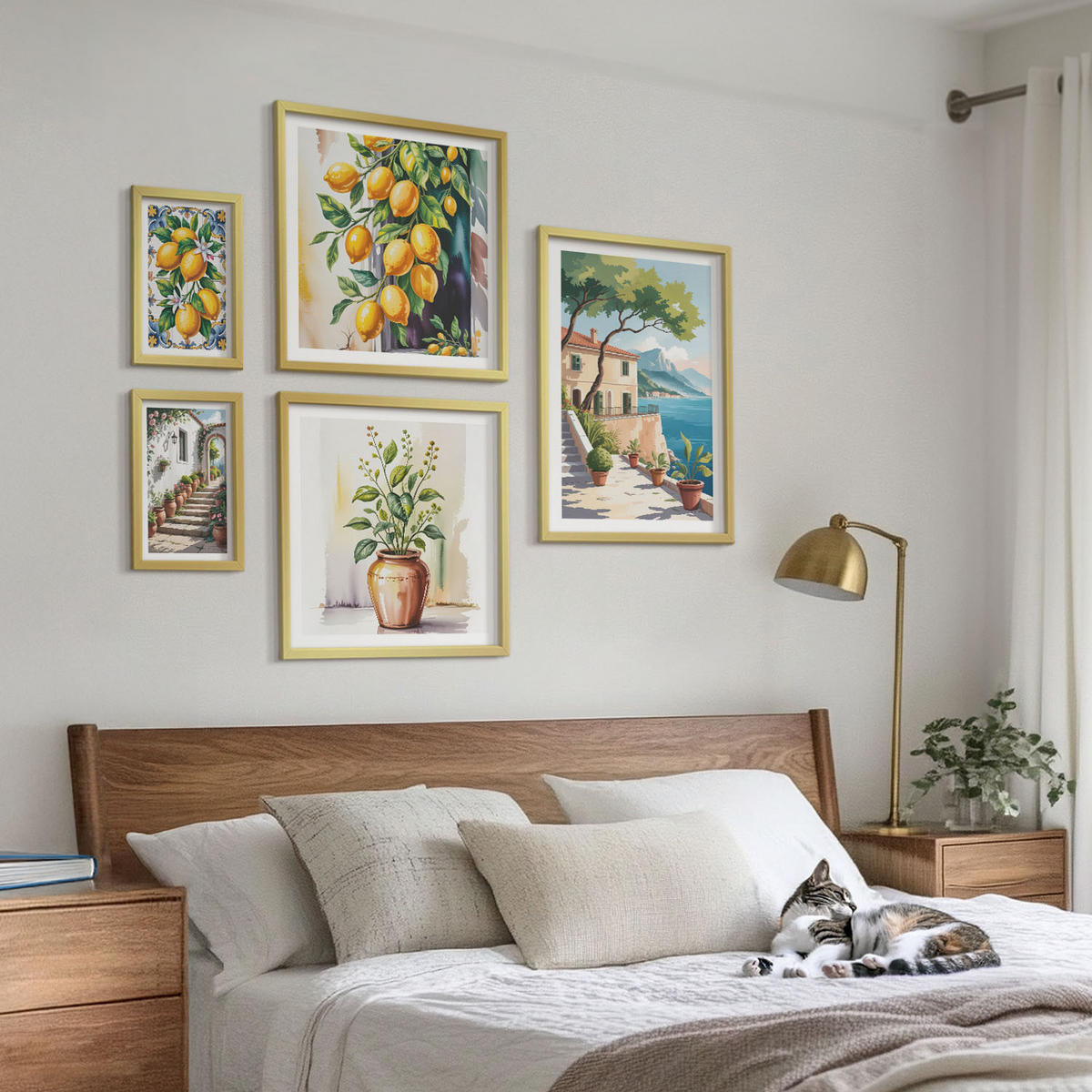 BILDER SET 5er Set - 50x50 cm & 20x30 cm & 40x60 cm Goldrahmen - Zitrusbaum im Fenster am Meer - Goldfarben, Kunststoff (40/60cm) - TULUP