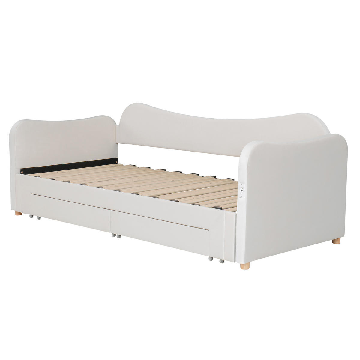 POLSTERBETT aus Samt 90x200 cm in Beige mit Ausziehfunktion & USB/Typ-C - Beige, Textil (90/200cm) - Modfu