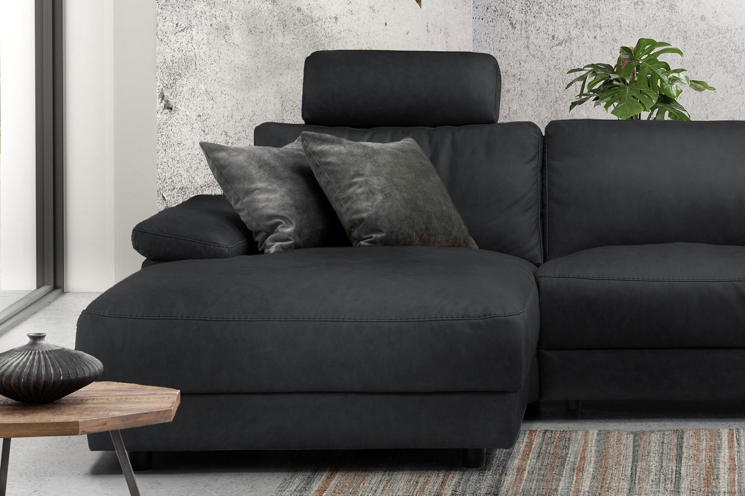 ECKSOFA XL MOTOR. RELAXFUNKTION LOLA Schwarz Leder - Schwarz, Leder (304/178cm) - KAWOLA
