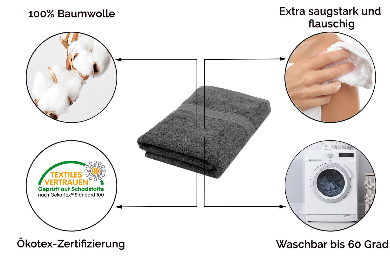 DUSCHTÜCHER, 3er-Set, 70x140 cm, 100% Baumwolle, Grau - Anthrazit, Textil (70/140cm) - Zollner