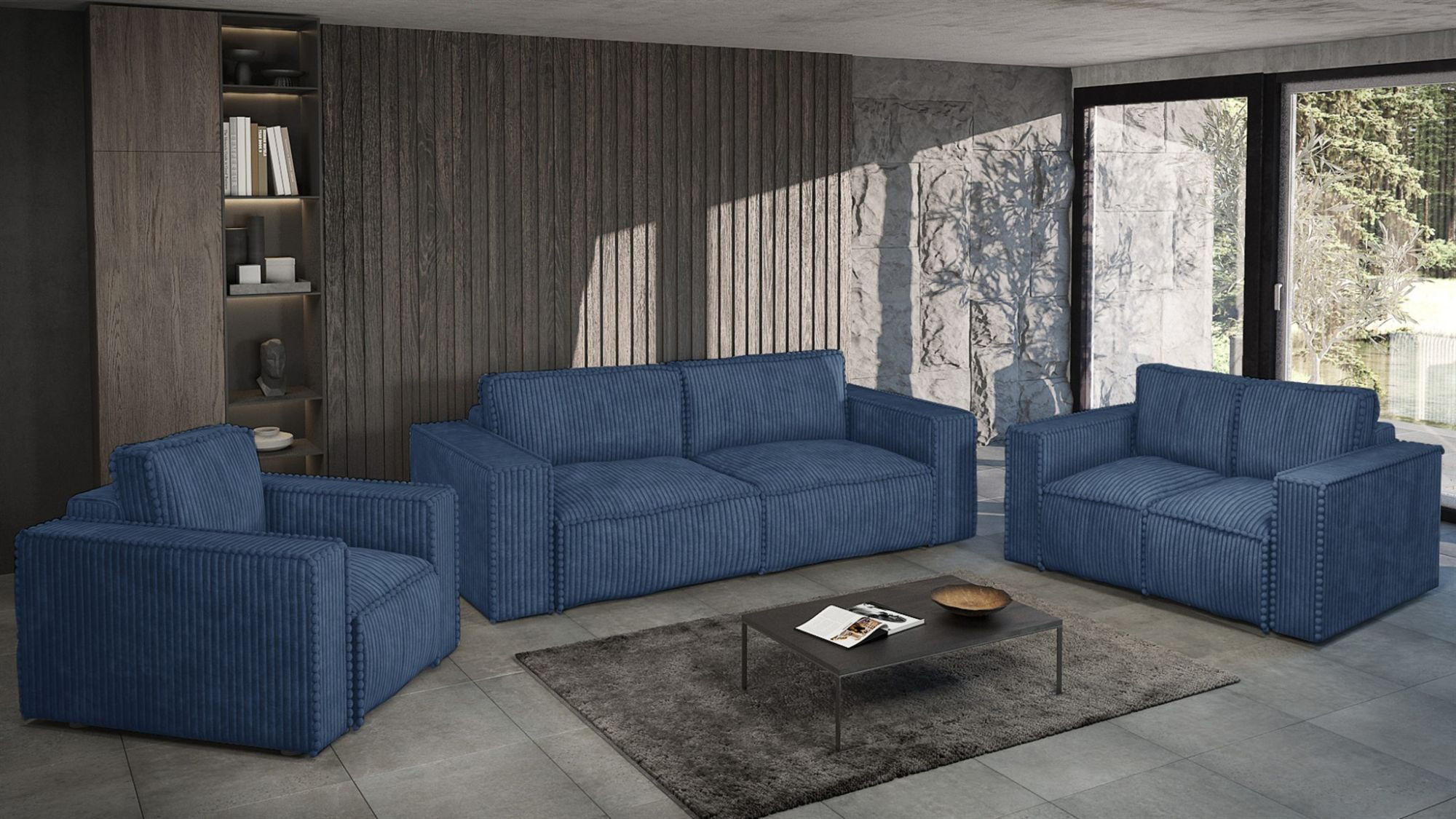 SOFASET Vajana 3-2-1 - Dunkelblau, Holzwerkstoff/Textil (240/86/102cm) - Fun Möbel