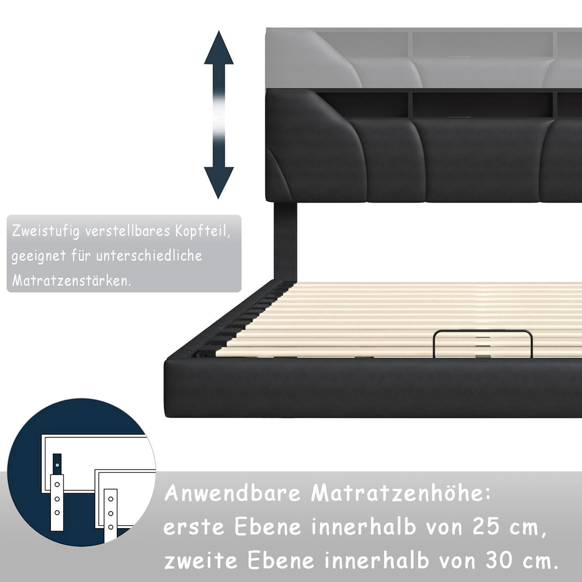 POLSTERBETT 140x200 cm mit hydraulischem Stauraum, Stauraumkopf, RGB-LED, USB-/Typ-C, PU-Leder in Schwarz - Schwarz, Holz (140/200cm) - BRILVERDE