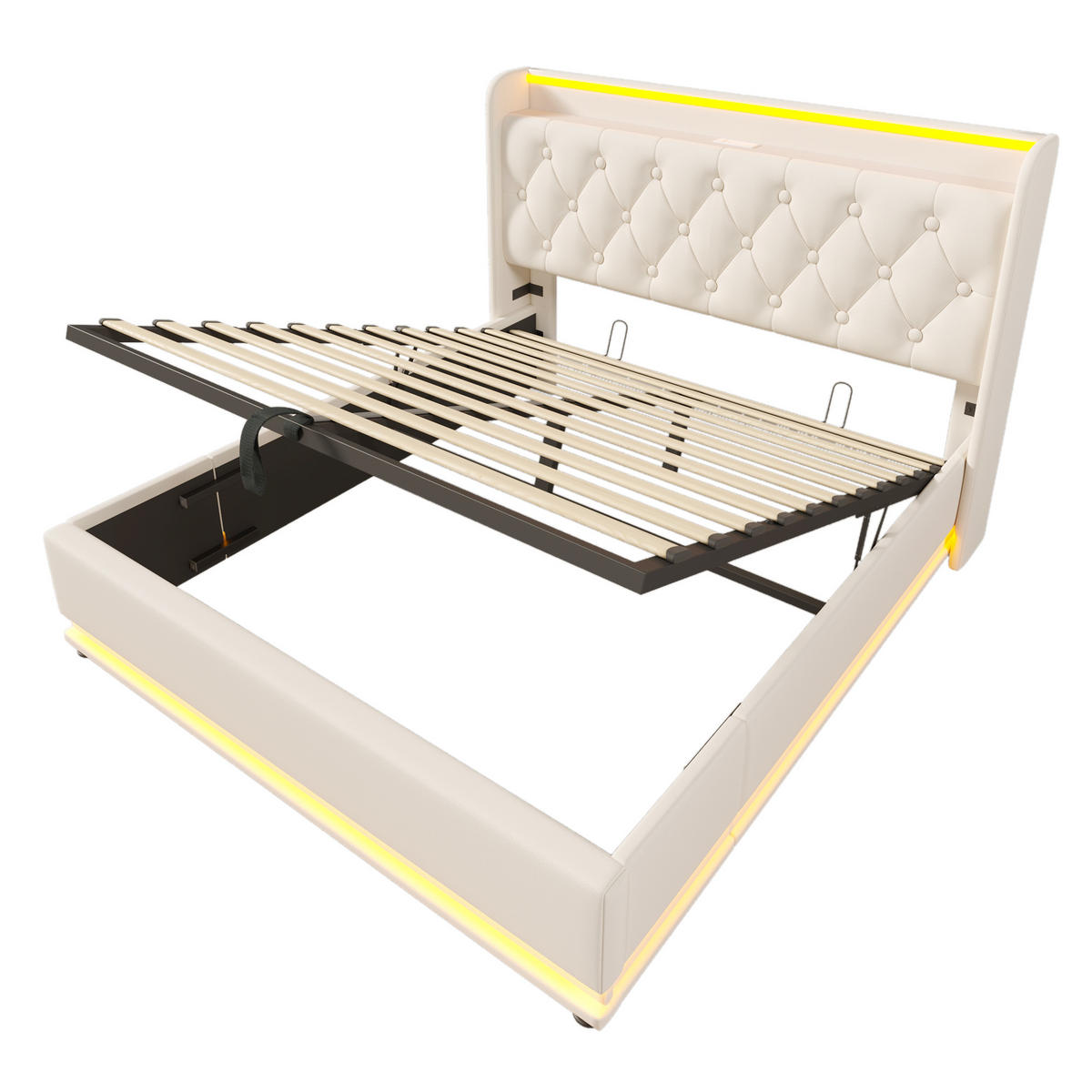 POLSTERBETT 140/200 cm Weiß LED-Beleuchtung mit USB- und Typ-C-Anschlüssen - Weiß, Kunststoff (140/200cm) - OKWISH