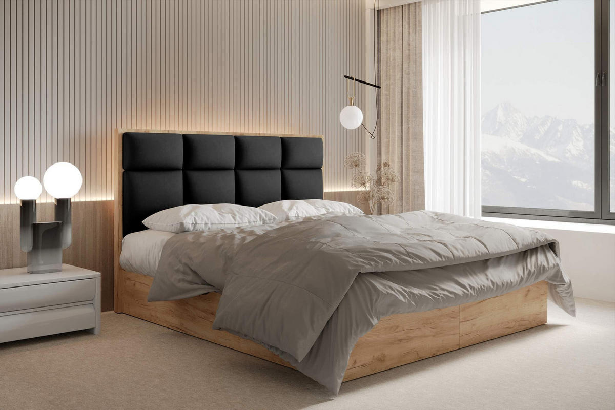 BOXBETT 160 x 200 cm mit Bettkasten und Taschenmatratze H3, SELVA mit Topper 5 cm und Holzelemente, Schwarz - Schwarz, Holzwerkstoff/Kunststoff (160/200cm) - Trada