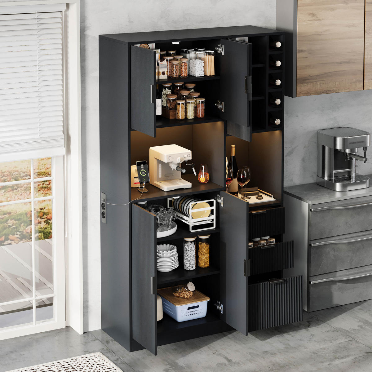 BUFFET 105/40/180 cm Schwarz mit 3 Schubladen, Weinregal und farbwechselnder LED-Beleuchtung - Schwarz, Holz (105/180/40cm) - Oxeza