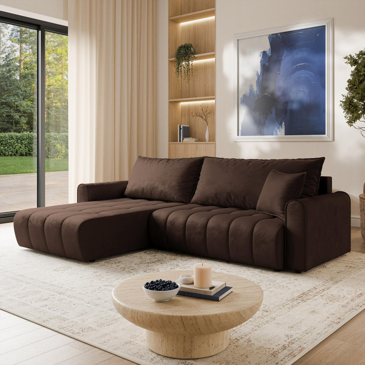 ECKSOFA FRIGA Braun Velours-Stoff mit Schlaffunktion - Braun, Holz (283/185cm) - MASSENO